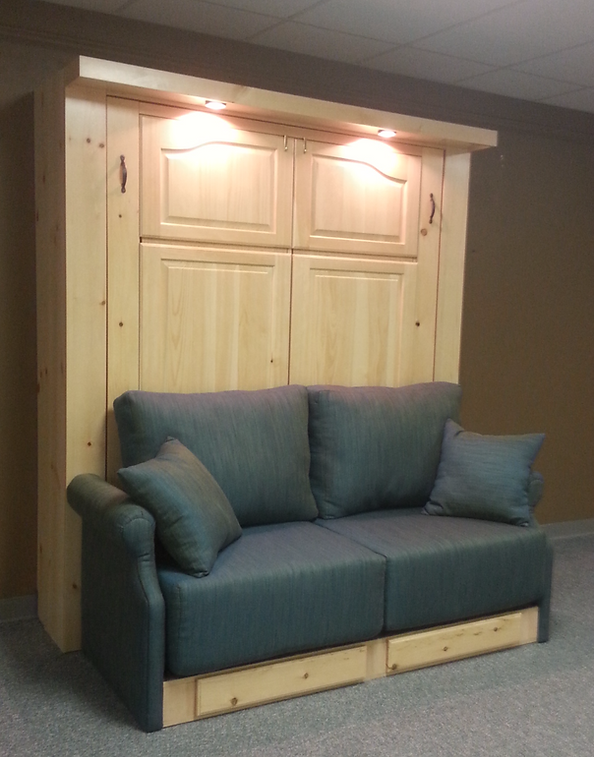 Pine Murphy Bed with Double Desk and Sofa