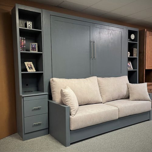 Gray murphy bed with couch tan fabric 155-1022 style Murphy bed with couch