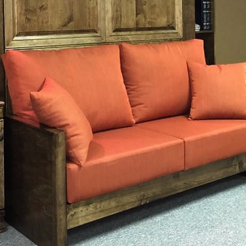 Wood Arm Murphy bed Sofa with orange fabricClose up of the Wood Arm Murphy bed sofa